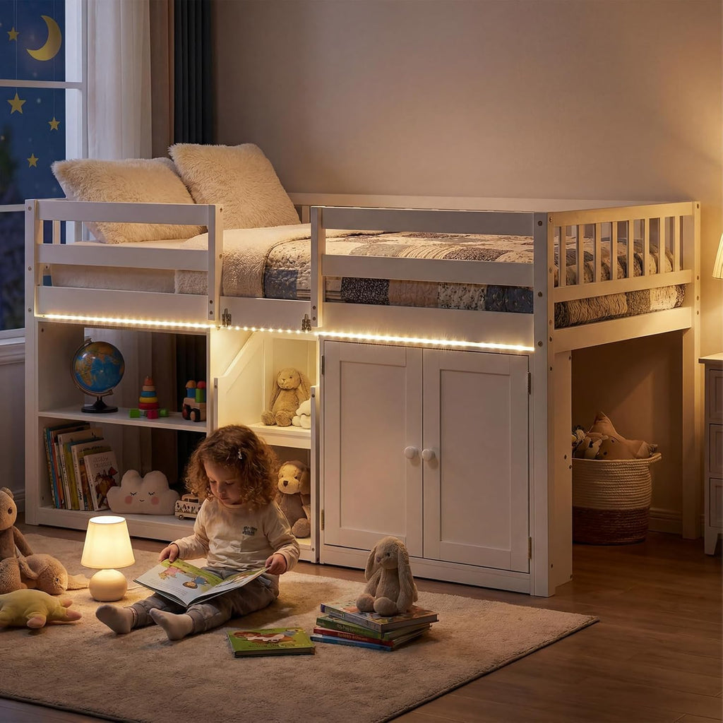 Giantex Low Loft Bed Twin Size with LED Lights, Wooden Bed Frame w/Stairs, Safety Guardrails, Storage Cabinet, Bookshelf & Under-Bed Play Space, Modern Kids Loft Bed for Boys Girls (White)