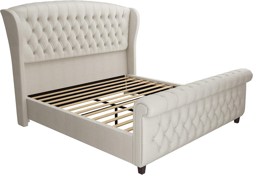 LUXOAK King Size Platform Bed Frame, Chenille Upholstered Sleigh Bed with Curved Headboard & Footboard, Deep Button Tufted, Wood Slats Support, No Box Spring Needed, Cream
