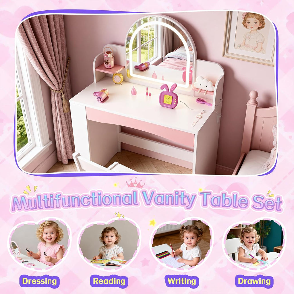Teckid Kids Vanity Table and Chair Set with Lights, Toddler Vanity Desk for Girls, Princess Makeup Vanity for Kids with Storage Shelves, Open Bookshelf and Stools, White