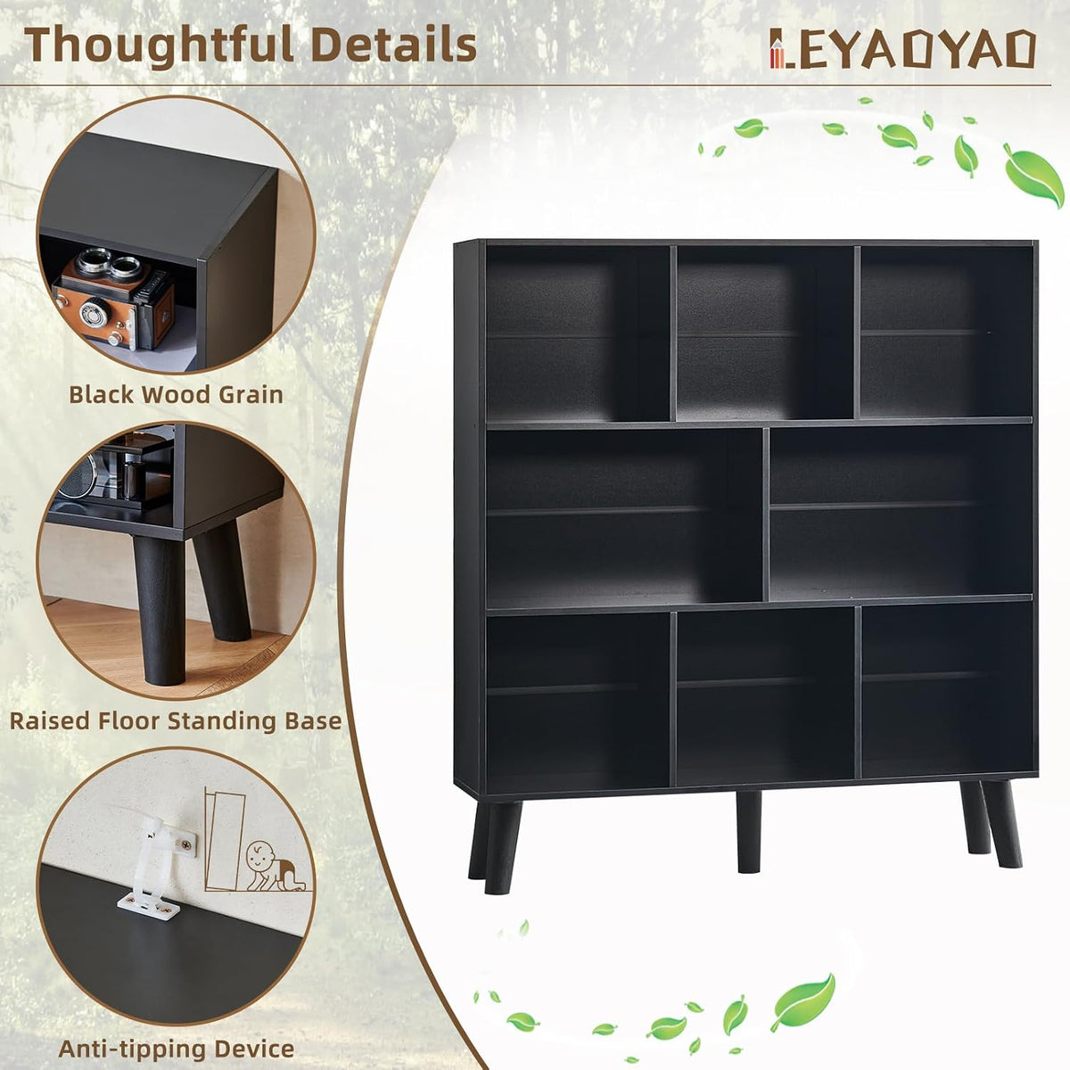 LEYAOYAO 8 Cube Bookshelf,3 Tier Bookcase with Legs,Black Mid-Century Modern Bookshelves,Large Open Storage Organizer Shelf, Wooden Book Case