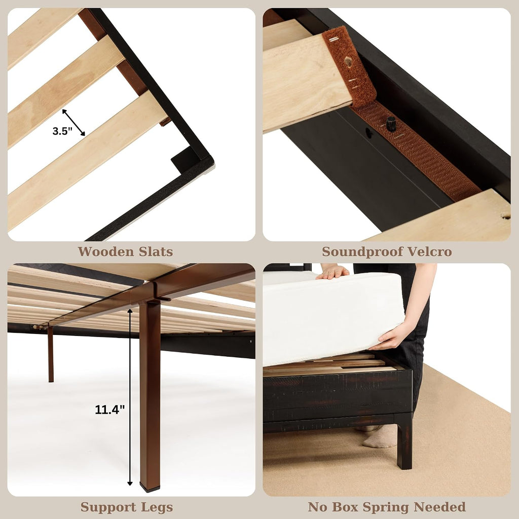 Bme Ethan King Size Bed Frame with Diamond Headboard, Rustic Mid-Century Modern, Solid Acacia Wood, No Box Spring Needed, Slat Support, Rustic Black