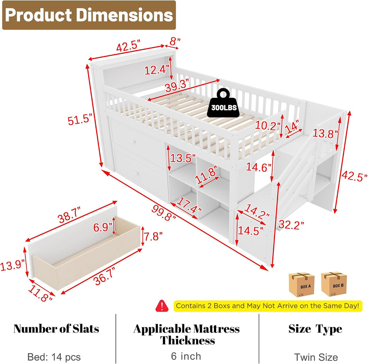 Low Loft Bed with LED Lights and Bookshelf, Wooden Kids Loft Bed with Stairs and Safety Guardrail, Low Loft Bed Twin with 2 Storage Drawers and Shelves for Girls Boys ,No Box Spring Needed, White