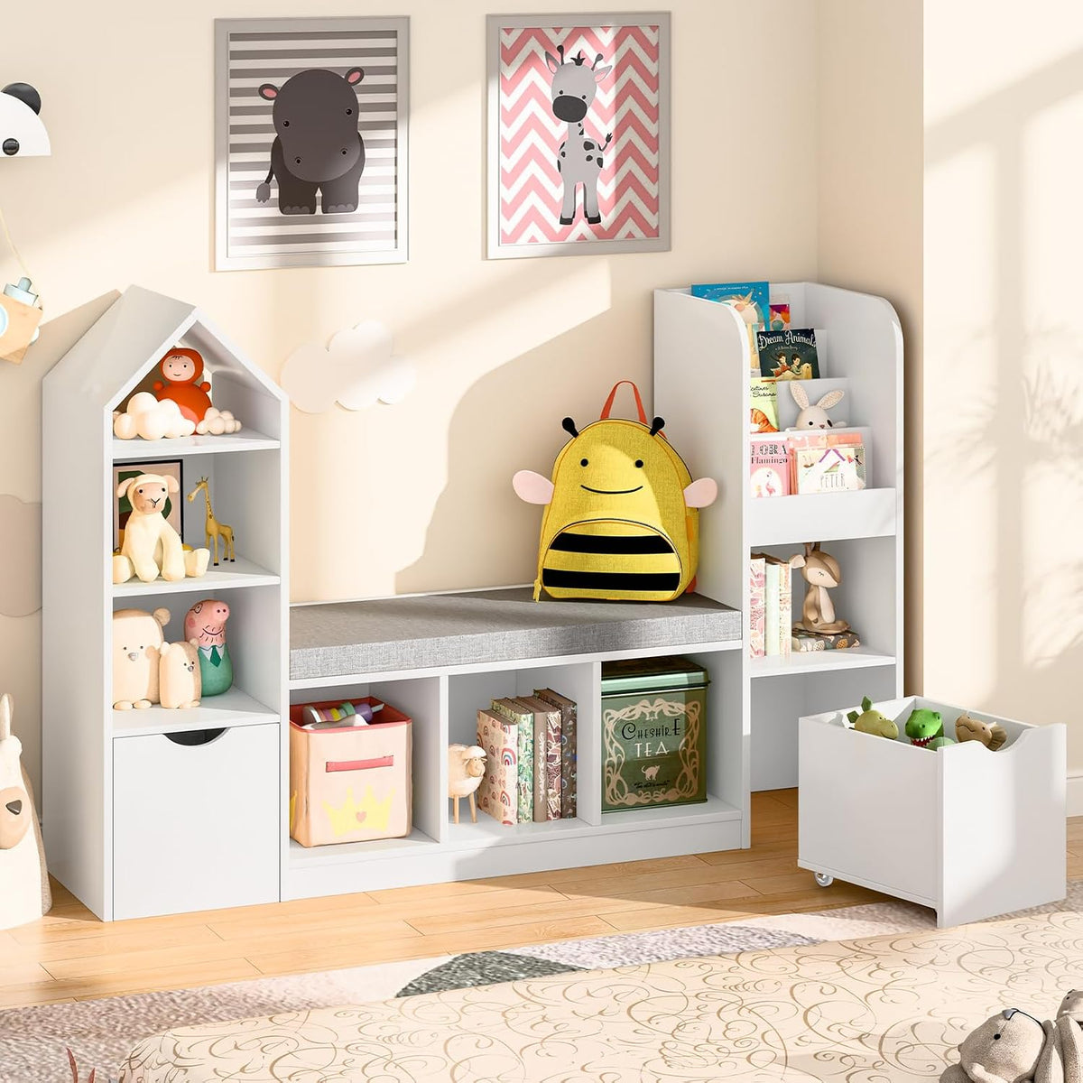 Befrases 55.12''Kids Bookshelf with Reading Nook, Toy Storage Organizer with Seat Cushion and 2 Movable Drawers, Kids Bookcase Toy Organizers with 7 Storage Cubbies, for Playroom, Bedroom, White