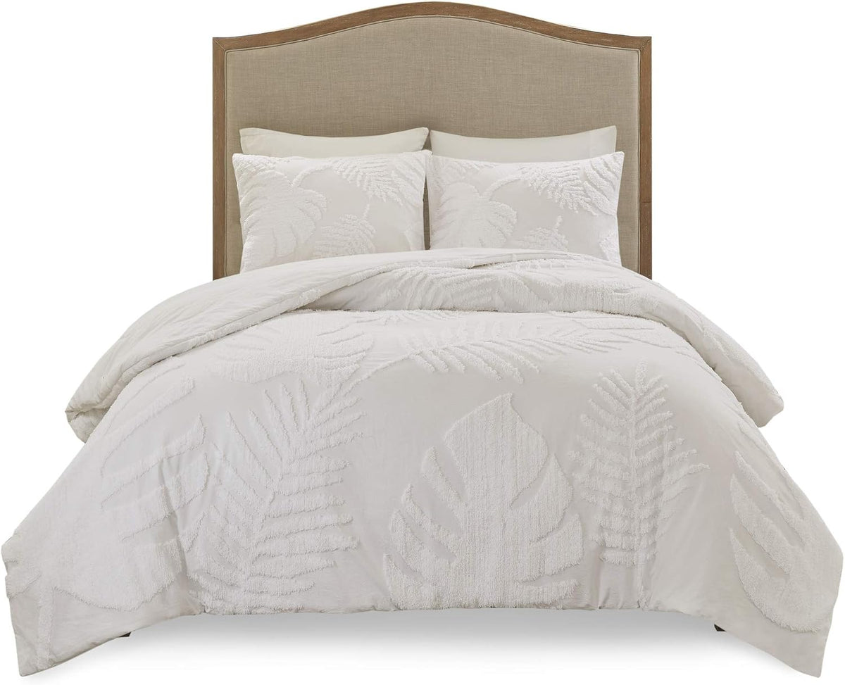 Madison Park Tufted Chenille Cotton Comforter All Season Bedding Set, Matching Shams, Full/Queen(90'x90'), Bahari, Coastal Palm Leaf Off White (MP10-6221)
