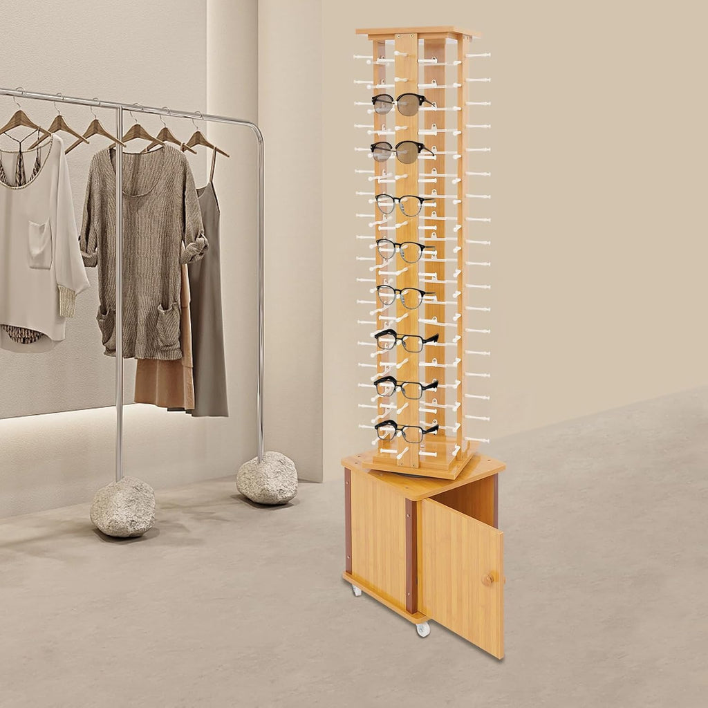 72-Pair Eyeglass Display Rack, Floor-Standing Rotating Glasses Storage Display Stand with Wood Frame, Storage Cabinet & Swivel Wheels for Retail Eyewear Organization