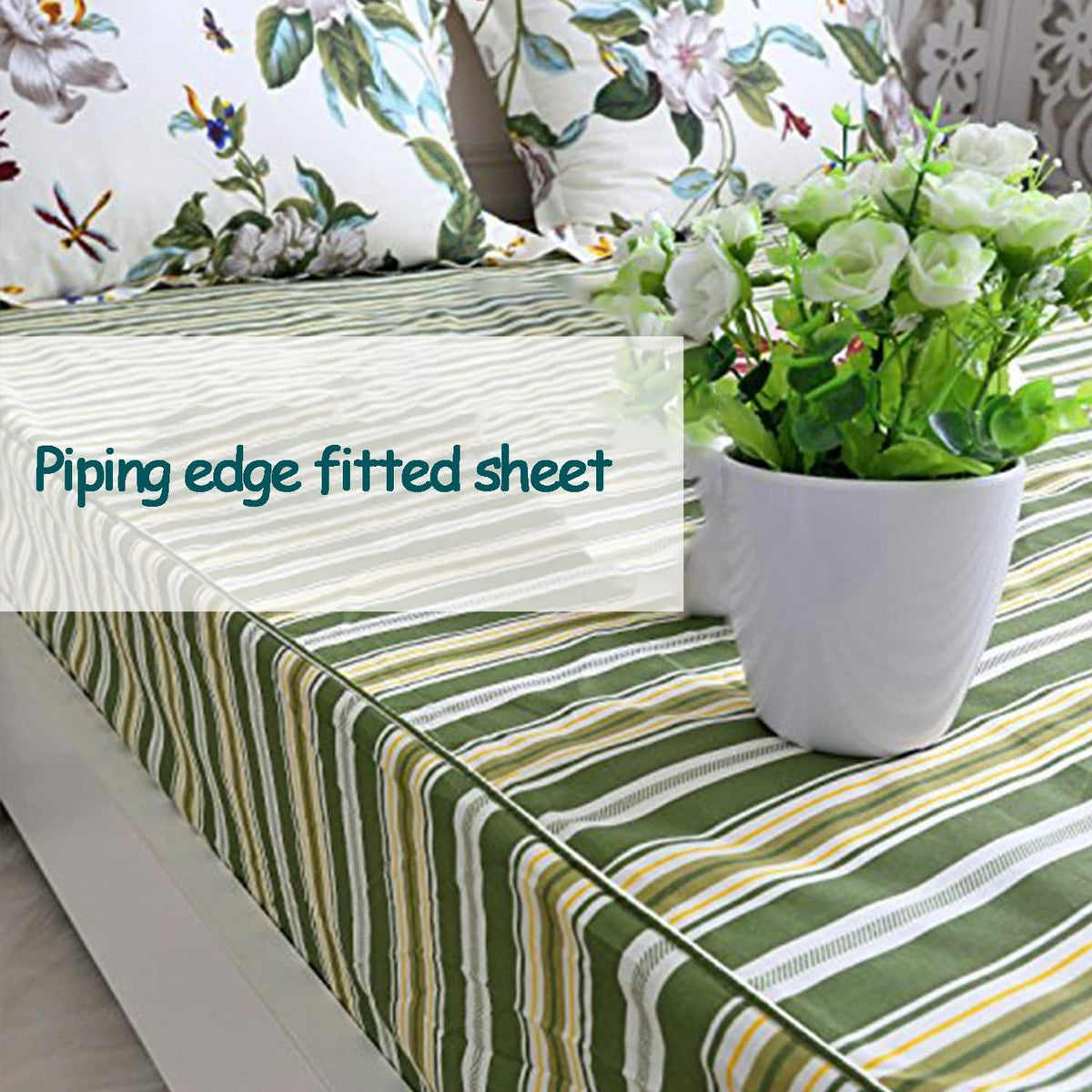 FADFAY Shabby Floral Bedding Set California King 7Pcs 100% Cotton Green Cream Flower Bed Sheets with Duvet Cover Set, Complete Bedding Bed in a Bag Vintage Countryside Soft Deep Pocket Fitted Sheets