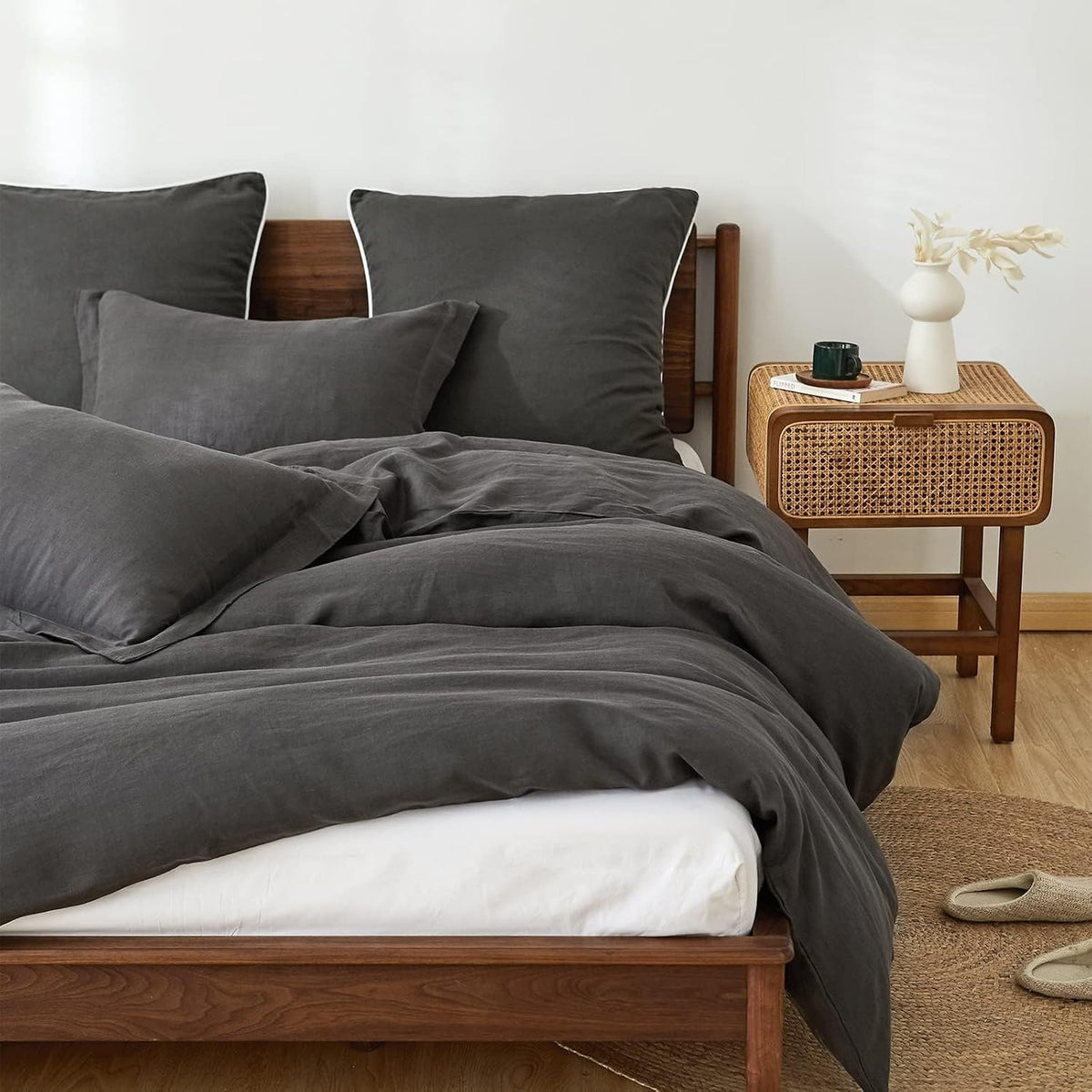 Simple&Opulence 100% Linen Duvet Cover Set, Natural French Flax Dark Grey Duvet Cover Twin Size, Breathable Soft Comfy Linen Bedding Comforter Cover with 1 Pillowcase(Dark Grey, 68'x86')