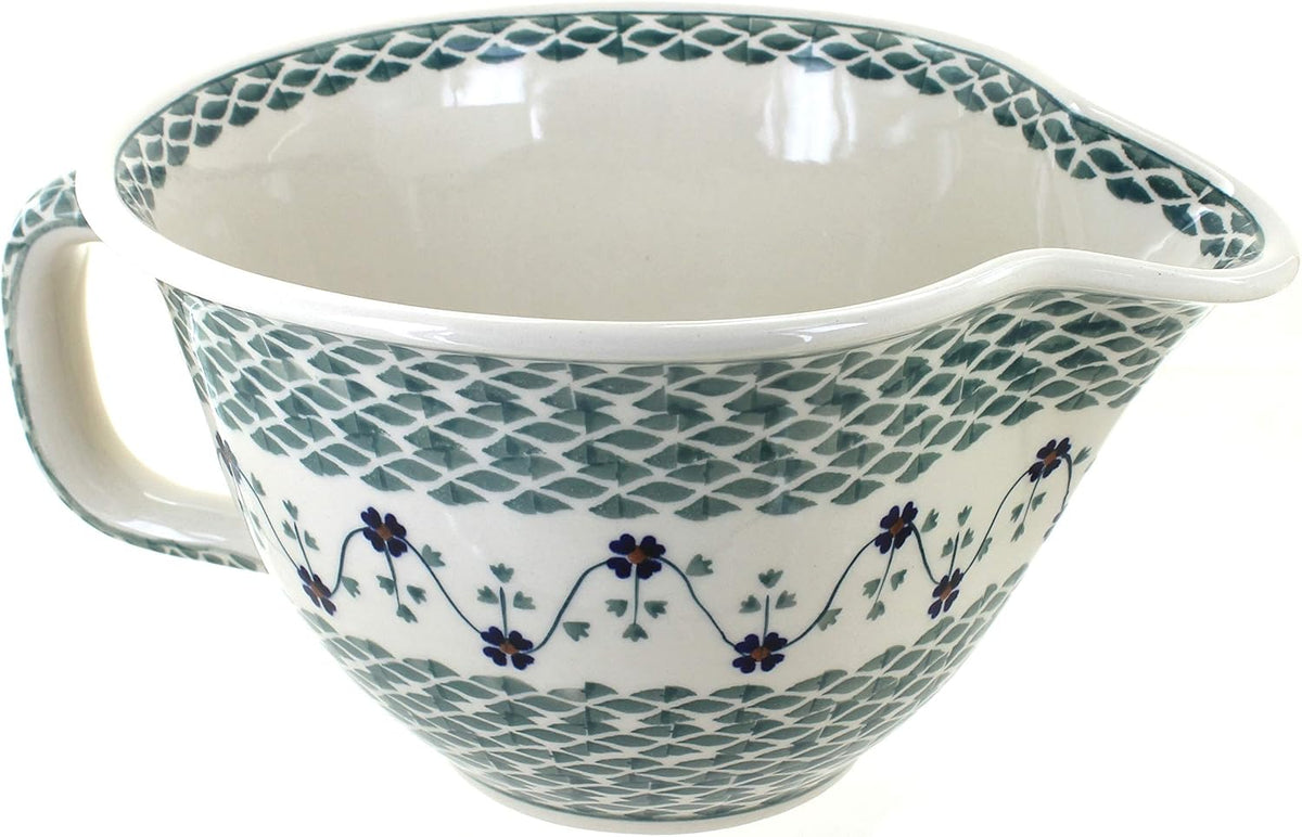 Blue Rose Polish Pottery - Green Sage Floral Batter Bowl - 10 Cup Capacity - Hand-Painted Ceramic Mixing & Pouring Bowl with Handle and Spout
