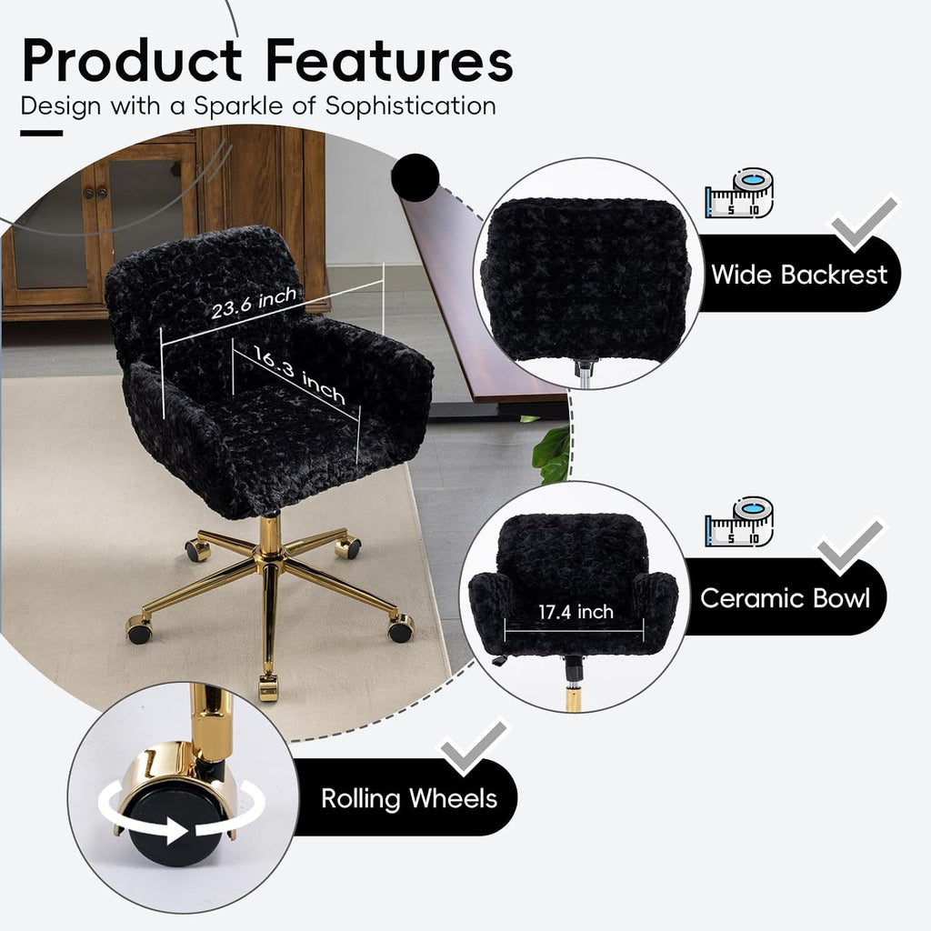 Plush Faux Fur Desk & Vanity Chair with Gold Base – Comfy Adjustable Girls Desk Chair, Makeup Chair, 360° Swivel, Tilt Backrest, Rolling Wheels – Modern Chic Home Office Seating,Black
