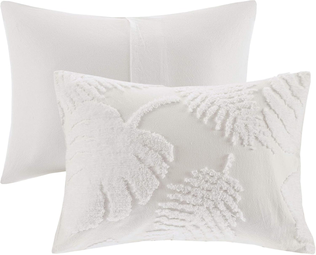 Madison Park Tufted Chenille Cotton Comforter All Season Bedding Set, Matching Shams, Full/Queen(90'x90'), Bahari, Coastal Palm Leaf Off White (MP10-6221)