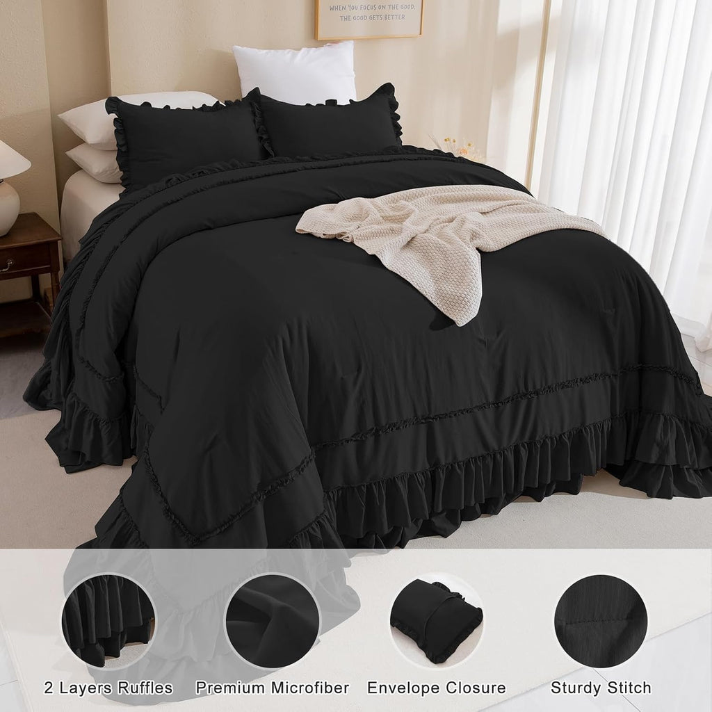 QSH 3PCs Black Ruffled Oversized King Comforter 120x120,Farmhouse Shabby French Country Chic Ruffle Bed Comforter Set Boho Lightweight Ultra Soft Microfiber California King Comforter with Pillowcases