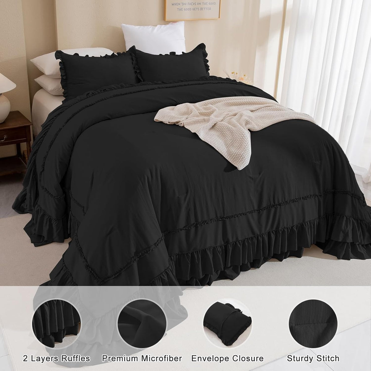 QSH 3PCs Black Ruffled Oversized King Comforter 120x120,Farmhouse Shabby French Country Chic Ruffle Bed Comforter Set Boho Lightweight Ultra Soft Microfiber California King Comforter with Pillowcases