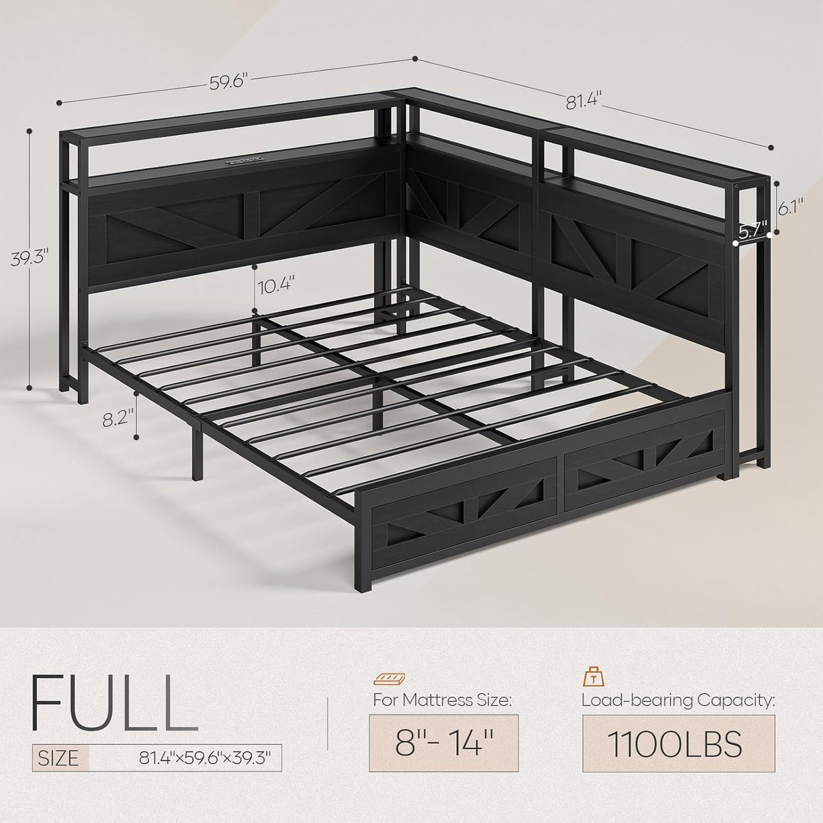 CIKUNASI Corner Full Size Bed Frame with Headboard and Storage Farmhouse Daybed Frame with LED Lights and Charging Station Metal Platform Bed Frame Full Size for Kids Corner Bed