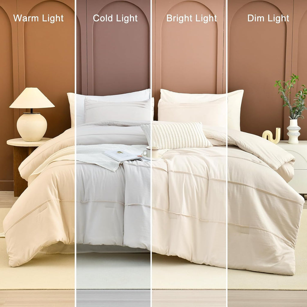 Masaca Oversized Comforter King Size(120'x120'),Soft Pinch Pleated Bedding Comforter Set,3 Pieces Wheat Colored California King Microfiber Boho Bedding Set for All Season