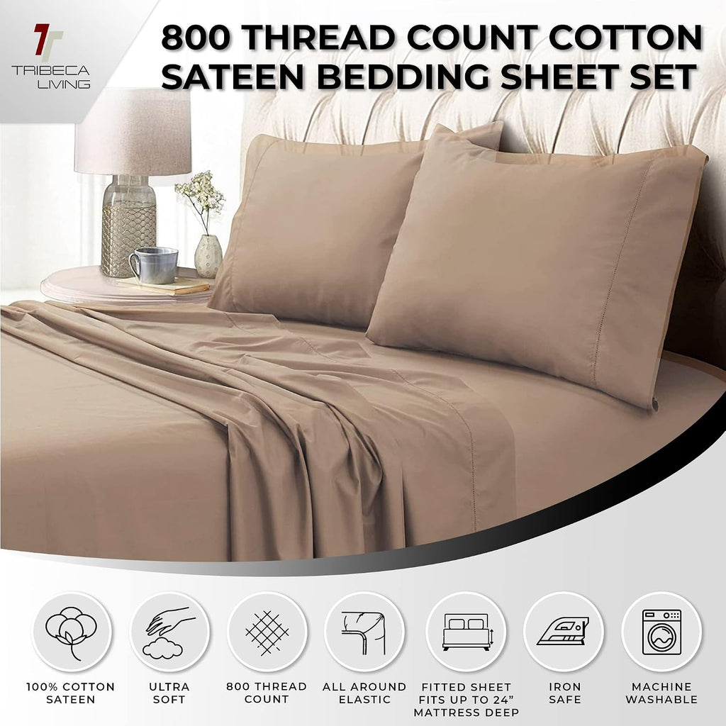 Tribeca Living 100% Egyptian Cotton Sheets 800 Thread Count - Extra Deep Pocket Fitted Sheet Fits Mattresses up to 24 Inches - Silky Sateen 4-Piece Set - Queen, Café
