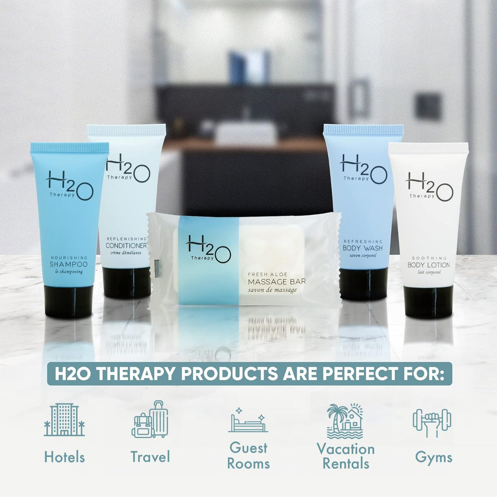 H2O Therapy Hotel Soaps & Toiletries Bulk Set | 1-Shoppe Amenities Kit | 0.85oz Shampoo & Conditioner, Body Wash, Lotion, 1oz Bar Soap | Travel Size | 150 Pieces | Bulk Set