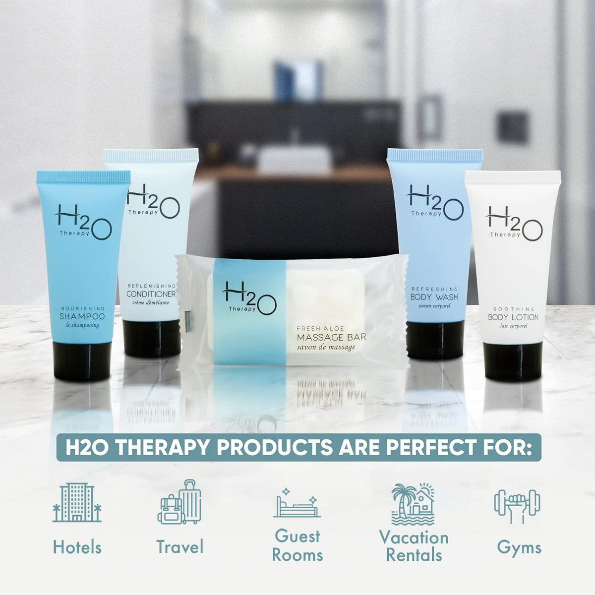H2O Therapy Hotel Soaps & Toiletries Bulk Set | 1-Shoppe Amenities Kit | 0.85oz Shampoo & Conditioner, Body Wash, Lotion, 1oz Bar Soap | Travel Size | 150 Pieces | Bulk Set