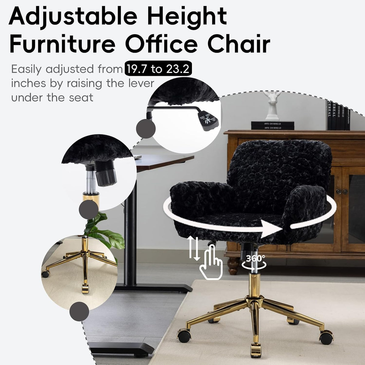Plush Faux Fur Desk & Vanity Chair with Gold Base – Comfy Adjustable Girls Desk Chair, Makeup Chair, 360° Swivel, Tilt Backrest, Rolling Wheels – Modern Chic Home Office Seating,Black