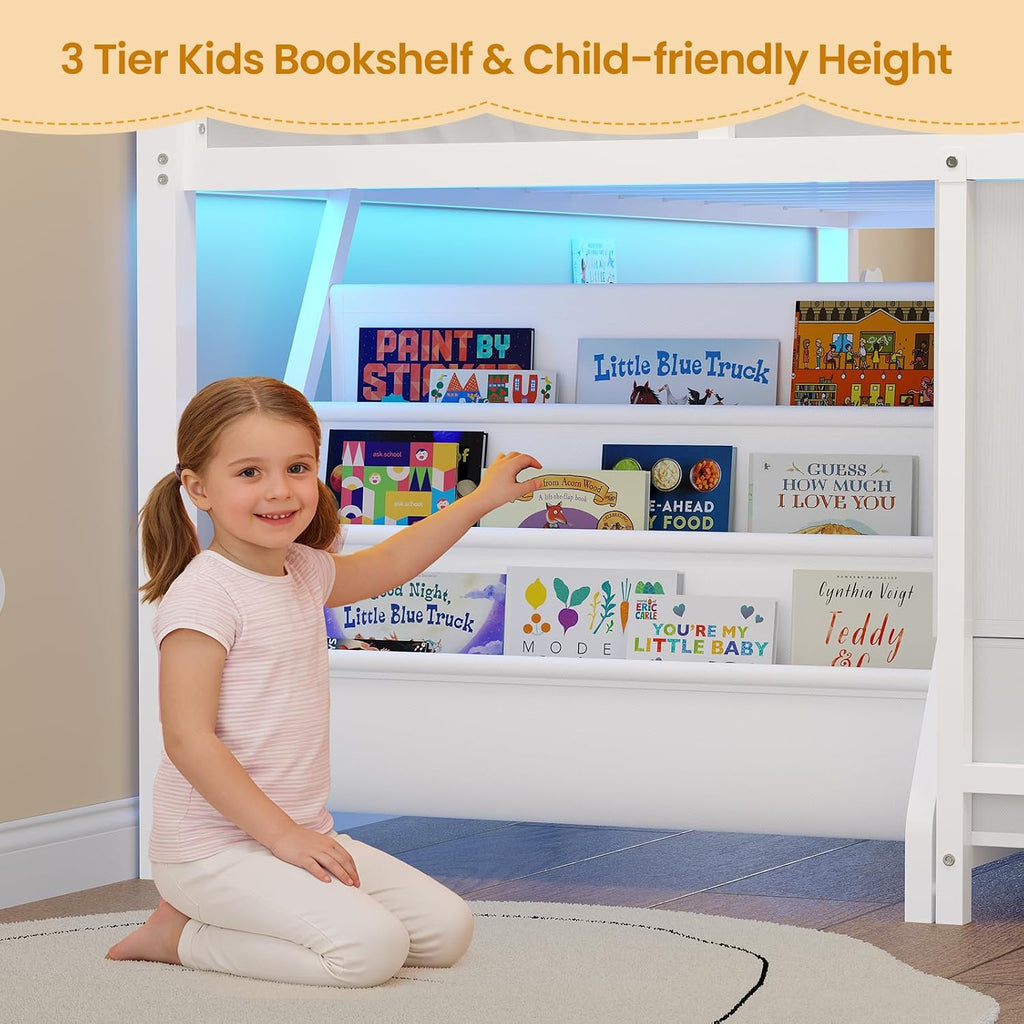 BTHFST Low Loft Bed Twin Size with 3 Storage Drawers, 3-Tier Kids Bookshelf, 5 Open Cubbies and 2 LED Lights Strips, Metal Kids Loft Bed with High Safety Guardrail, Inclined Ladder and Play Area