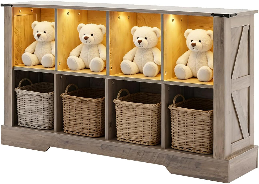 8 Cube Storage Organizer, Wood Cube Bookshelf with LED Lights, Horizontal Storage Cubes, Kids Bookshelf, Display Cabinet Cubby Shelf for Living Room Home Office Bedroom，Grey