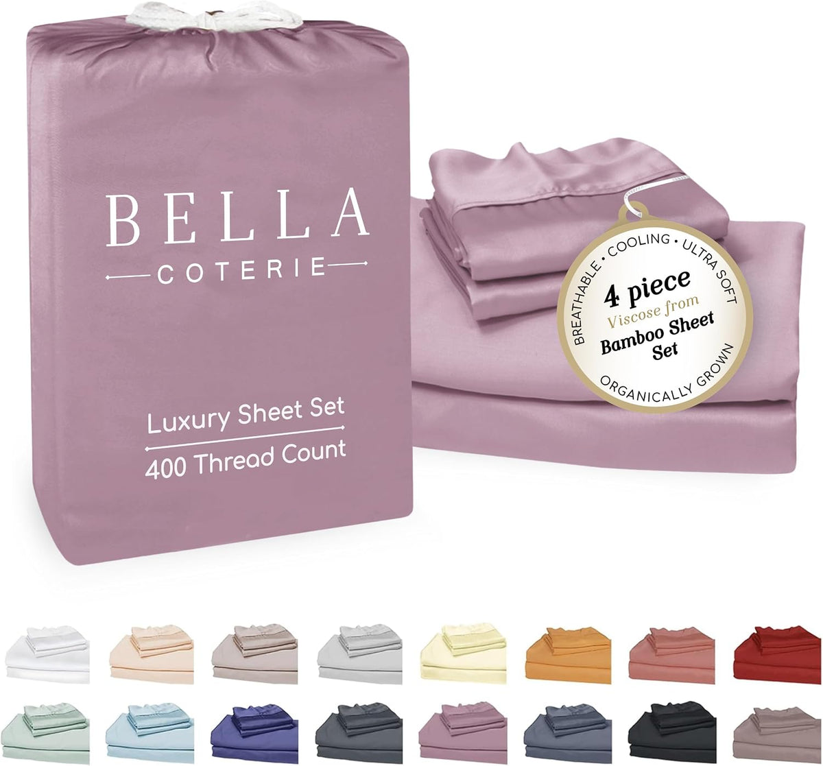 Bella Coterie Luxury Bamboo Viscose King Size Sheet Set | 100% Organically Grown | Ultra Soft | Cooling for Hot Sleepers | 18' Deep Pocket [Lilac]