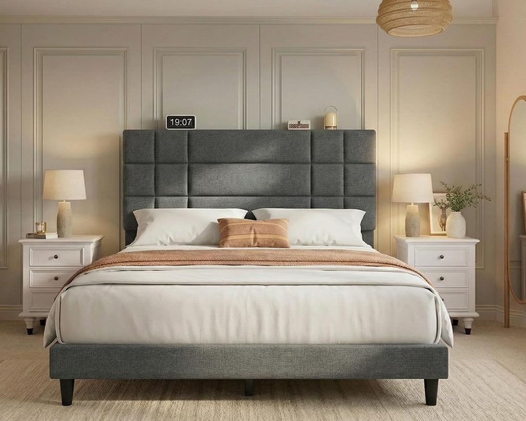 DWVO Queen Size Bed Frame with Headboard, Upholstered Platform Bed Mattress Foundation with Wooden Slat Support, Noise Free/No Box Spring Needed/Easy Assembly,Gray