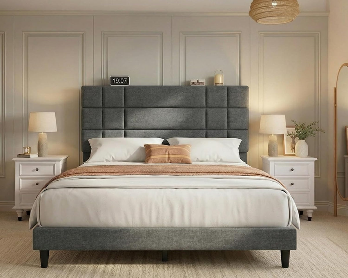 DWVO Queen Size Bed Frame with Headboard, Upholstered Platform Bed Mattress Foundation with Wooden Slat Support, Noise Free/No Box Spring Needed/Easy Assembly,Gray