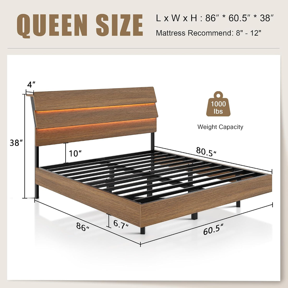 Einhomn Bed Frame Queen Size with Charging Station, Led Bed Frame with Wood Storage Headboard, Heavy Duty Metal Slats, No Box Spring Needed, Noise Free, Easy Assembly, Walnut