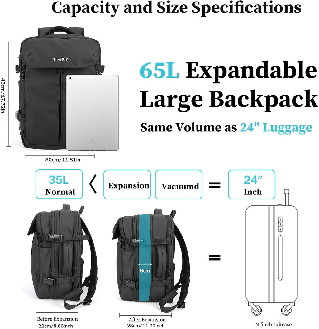Vacuum Compression Backpack, 60L Expandable Vacpack, Waterproof Carry-On Anti Theft Airback, Black