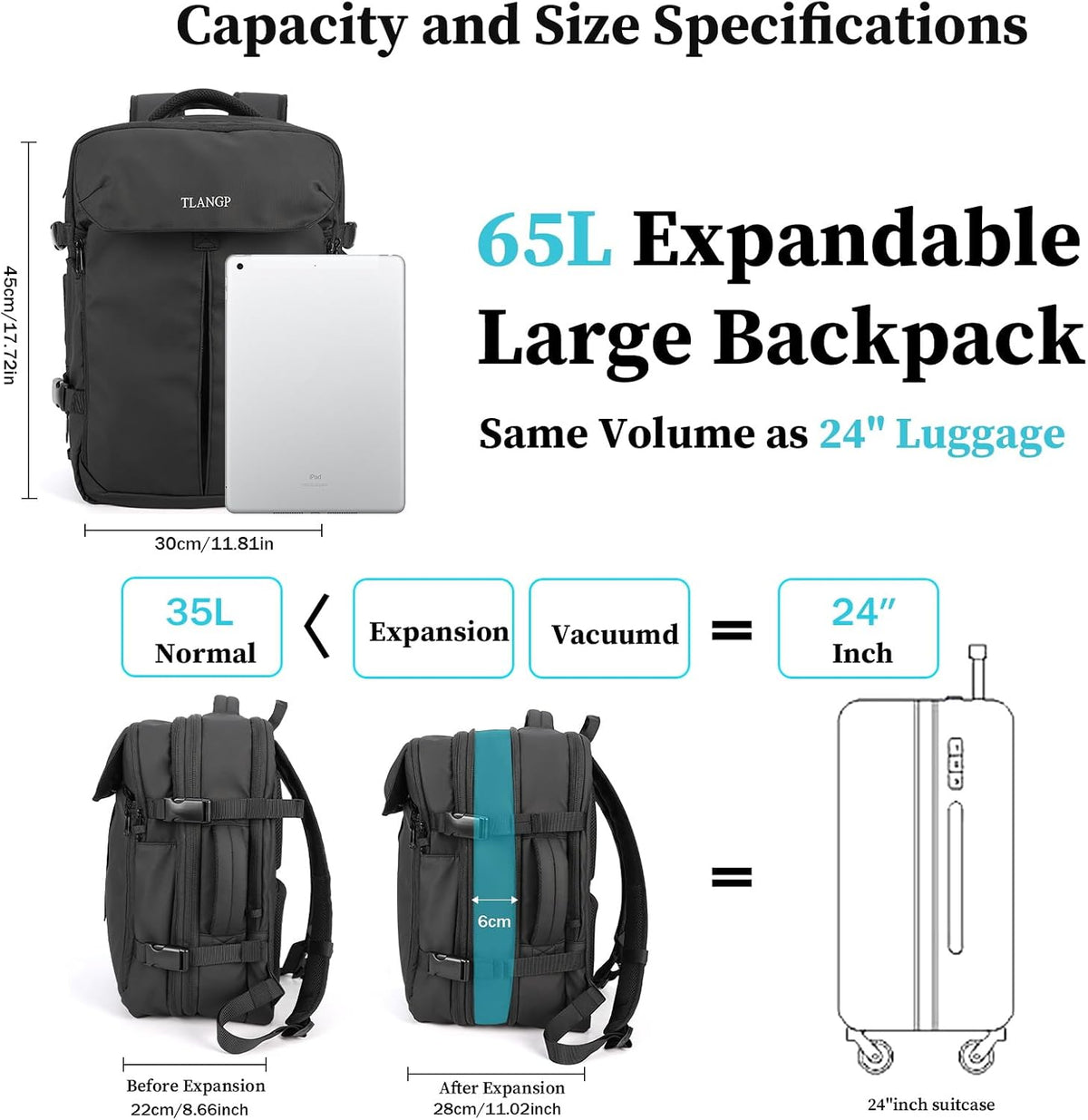 Vacuum Compression Backpack, 60L Expandable Vacpack, Waterproof Carry-On Anti Theft Airback, Black