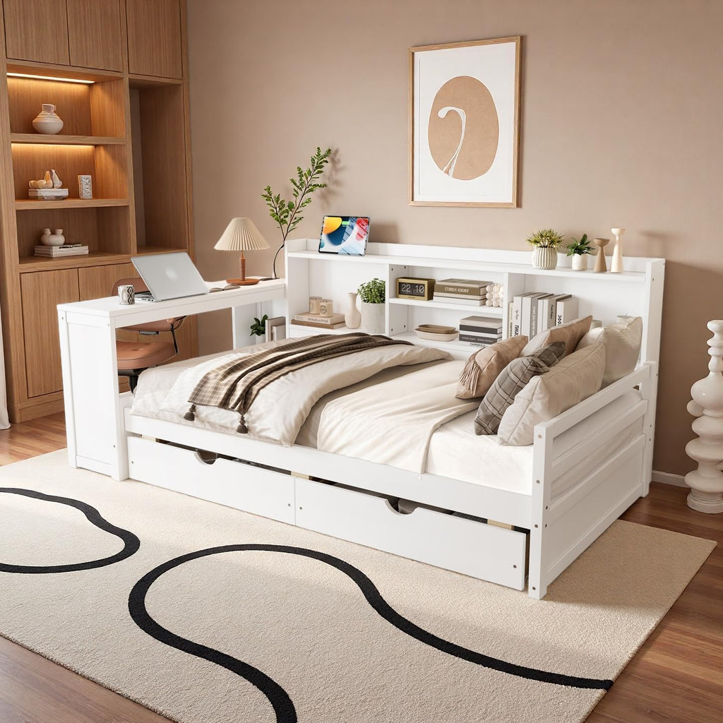 SOFTSEA Twin Size Daybed with Desk & Storage, Wood L-Shaped Corner Bed Frame with Drawers, Shelves and Charging Station or Living Room, Guest Room, White
