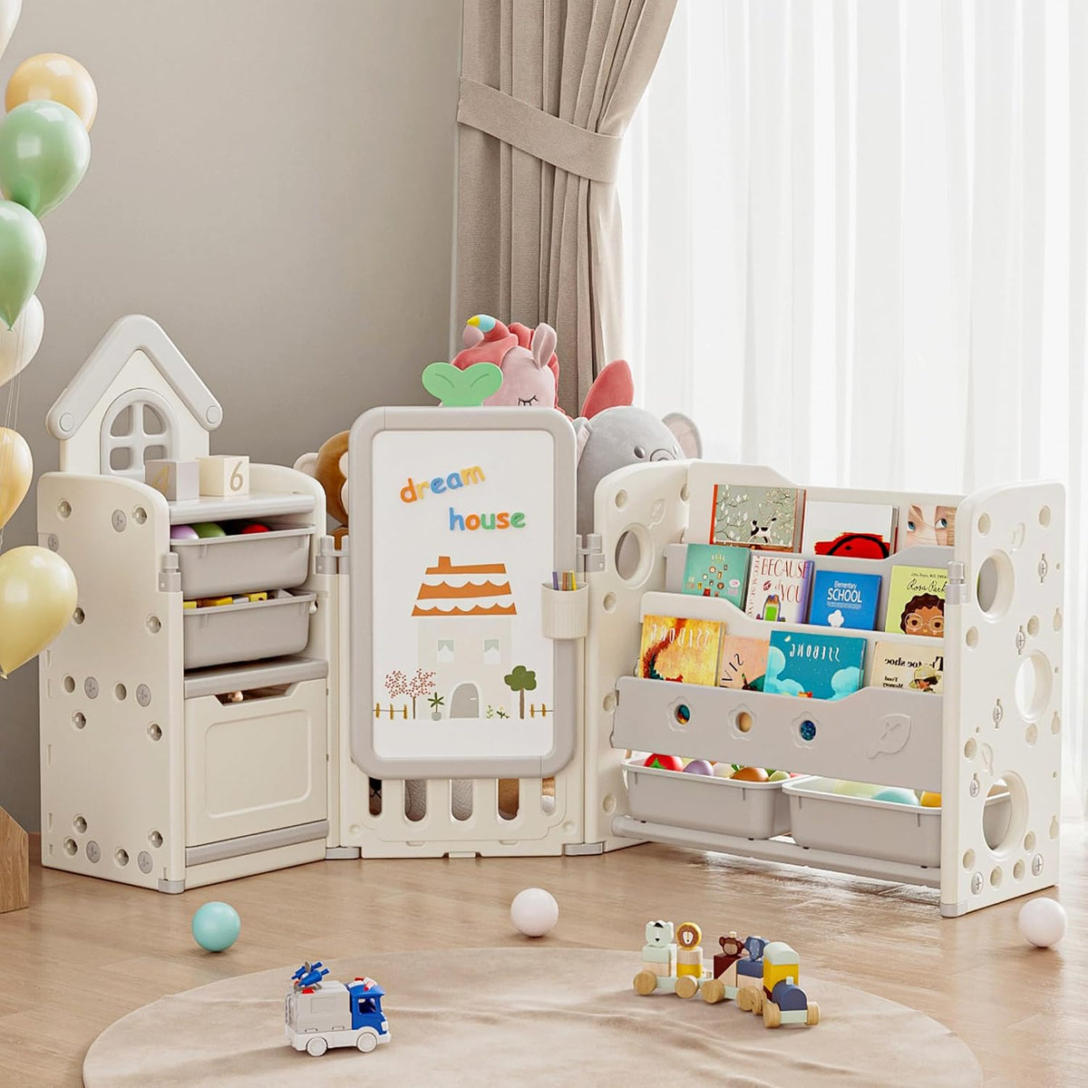 DEYGIA 3 in 1 Kids Toy Storage Organizer with Drawing Board, Foldable Multifunctional Toy Organizer with 4 Removable Bins and 3-Tier Bookshelf for Kids Bedroom Playroom Living Room, Off-White