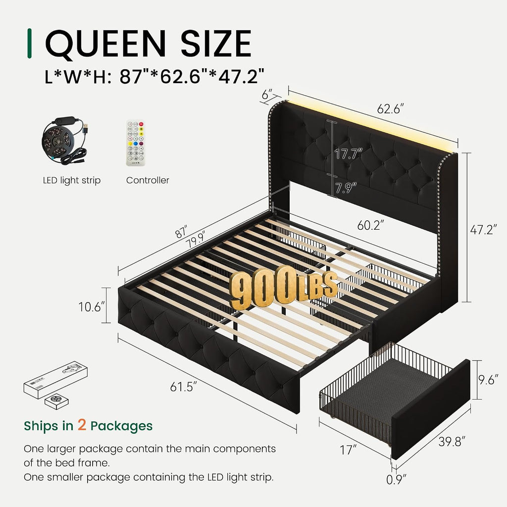 LARMACE Queen Size Bed Frame with LED Lights and 4 Storage Drawers Velvet Upholstered Platform Bed Frame with 47.2' Tall Tufted Headboard Wingback, No Box Spring Needed, Easy to Assemble, Black