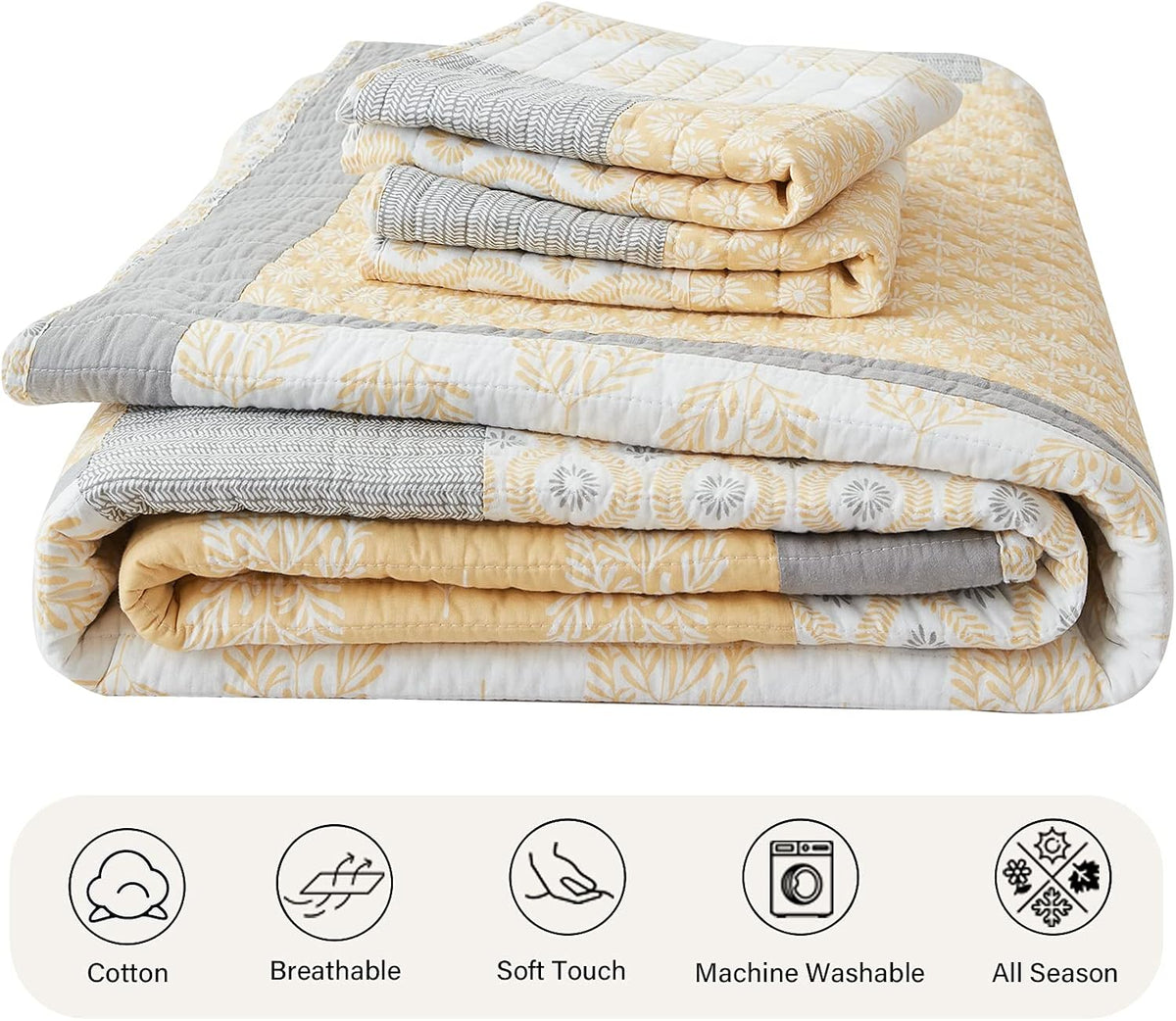 PANGUSHAN Quilt Set King Size,100% Cotton Bedspread Quilt Bedding Set,Floral Patchwork Quilt Set for King Bed,Yellow/Grey/White Bed Spread,Lightweight Comforter Reversible Quilt,All Season,3 Pieces