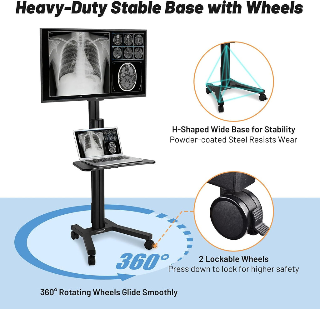 AW NexusX Presenter Medical Mobile TV Stand on Wheels Aluminum Heavy Duty with Laptop Shelf for 32 to 65 Inch LCD LED Screen TVs Dental Clinics Hospital