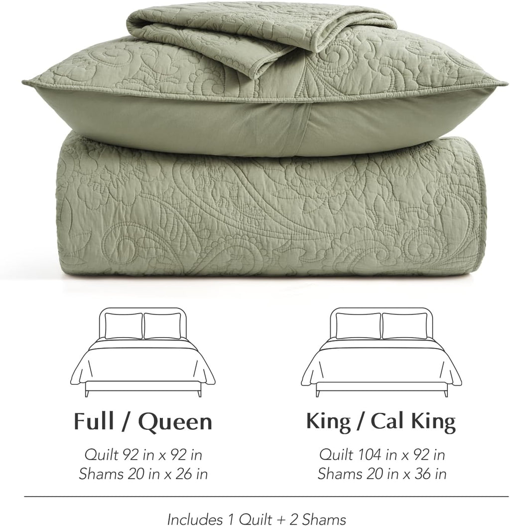 EVERGRACE 100% Cotton Paisley Quilt Set, King Size 3 Piece Set – Prewashed Lightweight Bedspread with 2 Shams, Soft & Breathable Matelasse-Style Quilted Coverlet, Light Sage Green