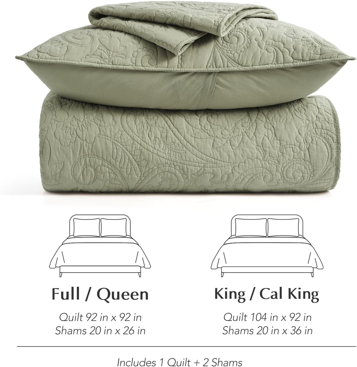 EVERGRACE 100% Cotton Paisley Quilt Set, King Size 3 Piece Set – Prewashed Lightweight Bedspread with 2 Shams, Soft & Breathable Matelasse-Style Quilted Coverlet, Light Sage Green