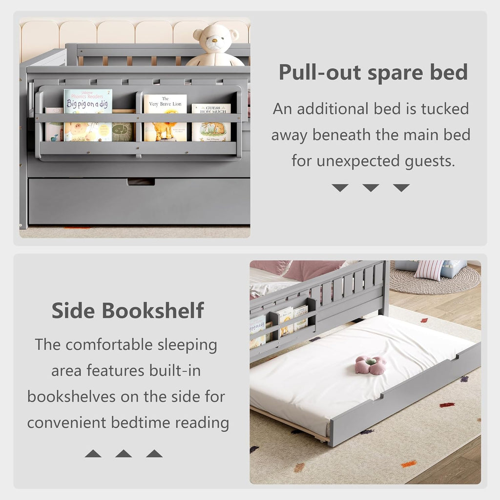 Bellemave Full Bed with Trundle and Stairs, Full Size Platform Bed Frame with Fence and Bookshelf, Easy Assemble Beds for Kids, Girls, Boys, Gray