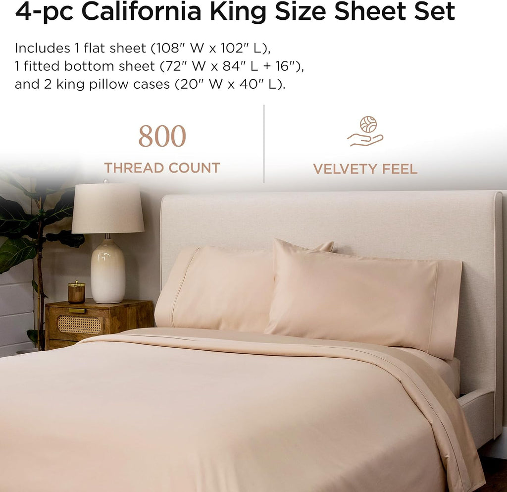 Threadmill Luxury 800 Thread Count California King 100% Cotton Sheets - Light Beige Sateen Weave Bed-Sheets, Better Than Egyptian Cotton,4 Pc Solid Bedding Set, Fits 16' Deep Pocket