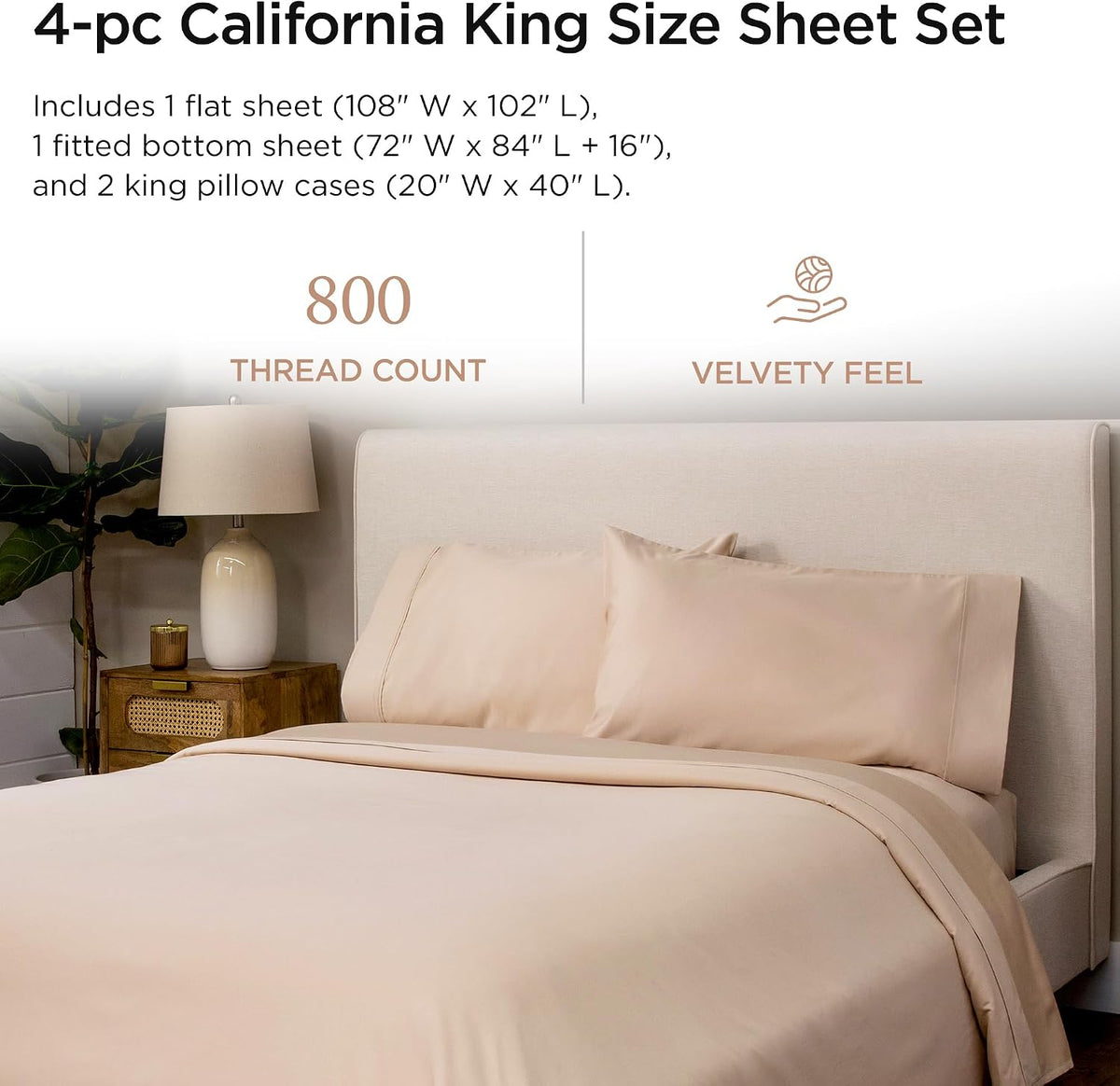 Threadmill Luxury 800 Thread Count California King 100% Cotton Sheets - Light Beige Sateen Weave Bed-Sheets, Better Than Egyptian Cotton,4 Pc Solid Bedding Set, Fits 16' Deep Pocket