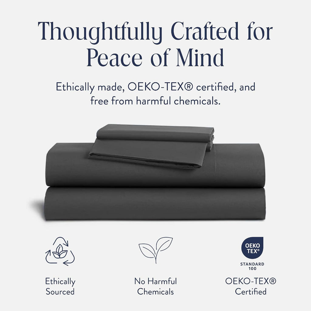Brooklinen Luxury Sateen 4 Piece Sheet Set - 100% Cotton Bed Sheets, Soft & Durable King Size Sheets Set in Slate Grey, Oeko-TEX Certified Bedding Set, 1 Fitted Sheet, 1 Flat Sheet, 2 Pillowcases