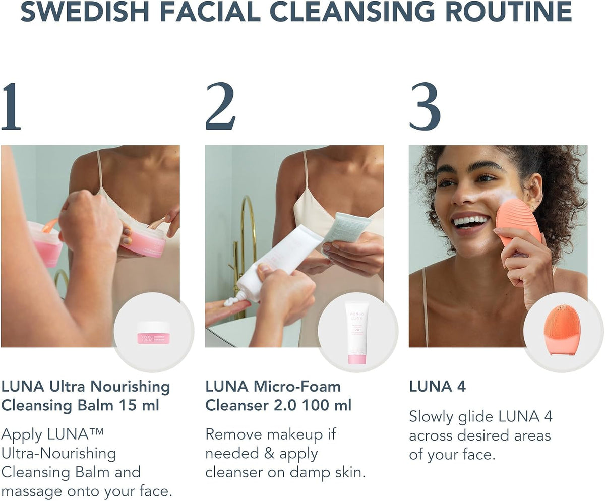 FOREO Luna 4 Bundle - Facial Cleansing Brush + Luna Micro-Foam Face Cleanser 2.0, 3.4 oz + Luna Ultra Nourishing Cleansing Balm, 0.5 oz - Firming Face Massager - Balanced Skin
