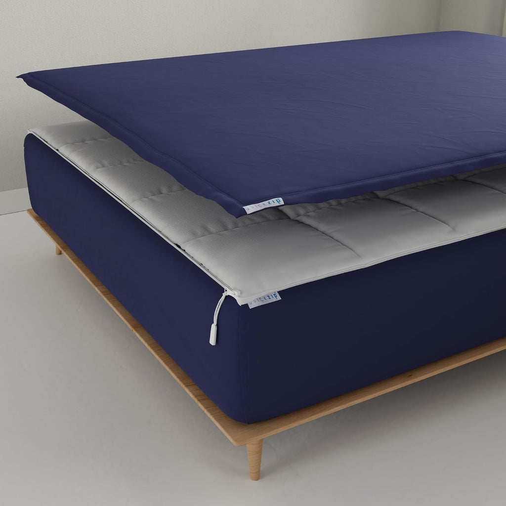 QuickZip Fitted Plus Spare Bundle: 1 Fitted Sheet (Base + Zip Sheet) & 1 Zip Sheet - Easy to Change, Won't Pop Off - Soft Percale 400 TC 100% Cotton - 13.5' Deep Pockets RV Queen Size – Deep Navy