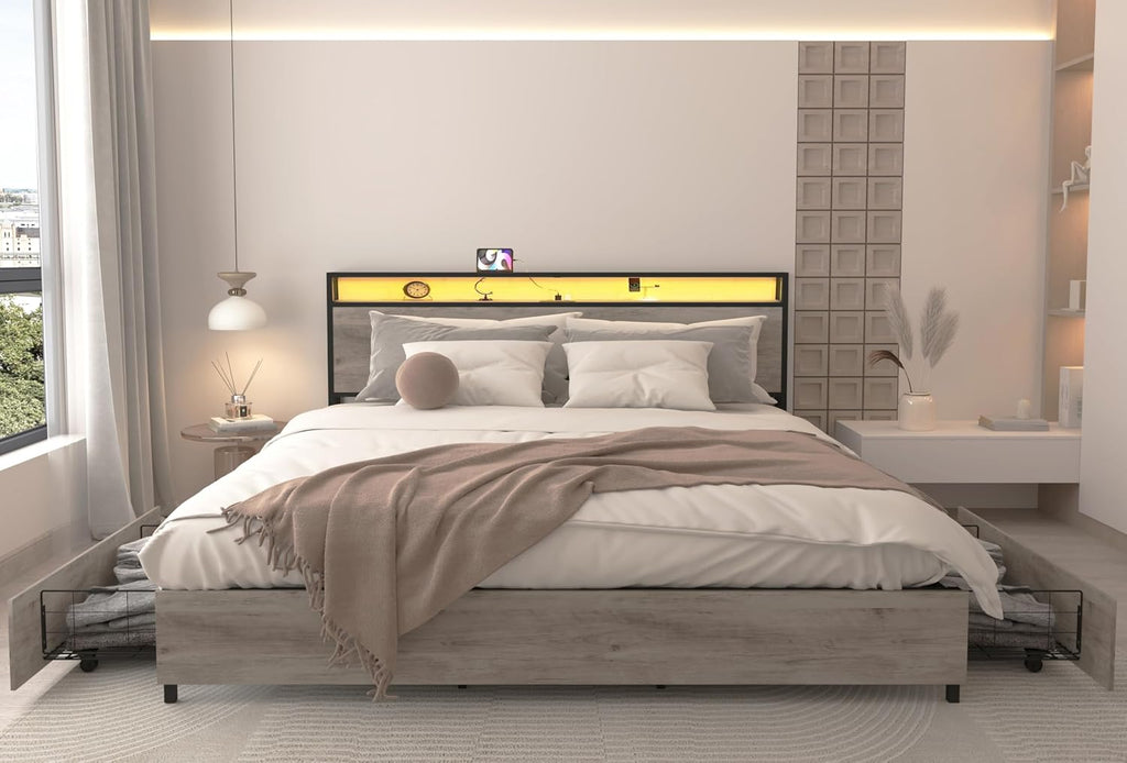 King Bed Frame with 4 Storage Drawers,Storage Headboard with Charging Station, Solid and Stable, Noise Free, No Box Spring Needed, Easy Assembly,Gray(King)