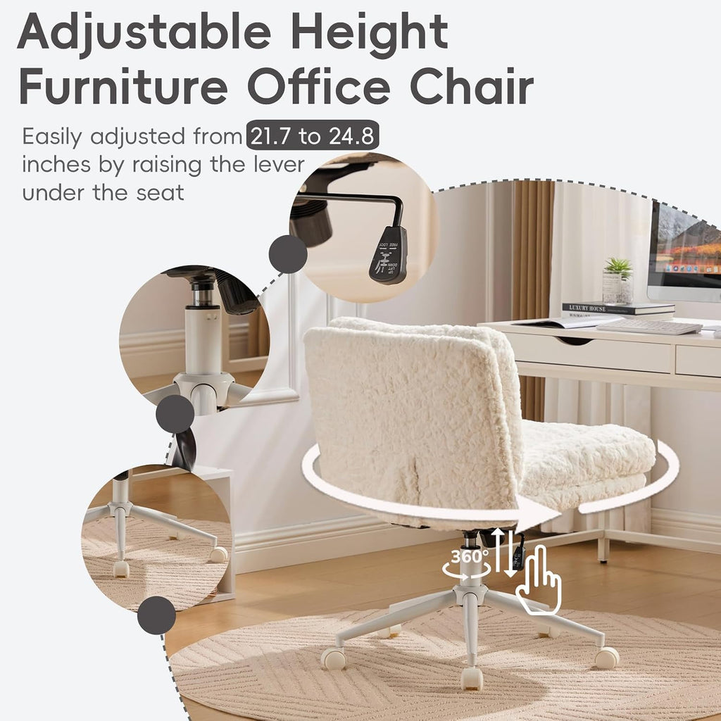 Upgraded Plush Faux Fur Criss Cross Office Vanity & Desk Chair with White Metal Base – Extra-Wide Seat & Tilt Backrest, Adjustable Swivel Makeup Chair for Bedroom, Study & Home Office, Cream