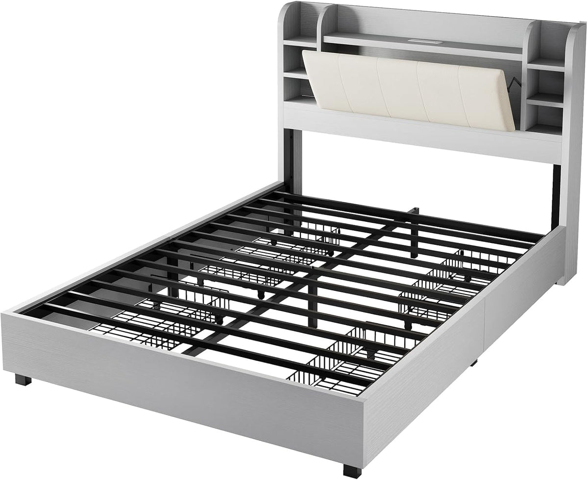 AMERLIFE Queen Size Bed Frame with Bookcase Headboard, Hidden Storage and 4 Drawers, Upholstered Cushion Backrest, Wooden Platform Bed with Charging Station, Heavy Duty Metal Frame, Light Grey