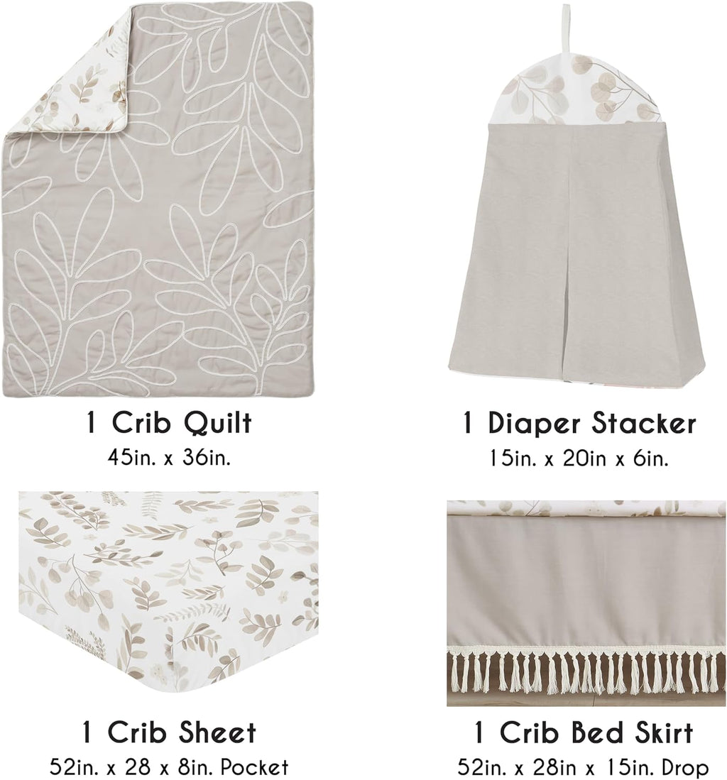 Sweet Jojo Designs 4-Piece Baby Crib Bedding Set (Woodland Boho Leaf) for Girls, Infants/Nursery incl. Blanket, Fitted Sheet, Skirt, Diaper Stacker (Neutral, Taupe, Linen, Botanical Floral, Farmhouse)