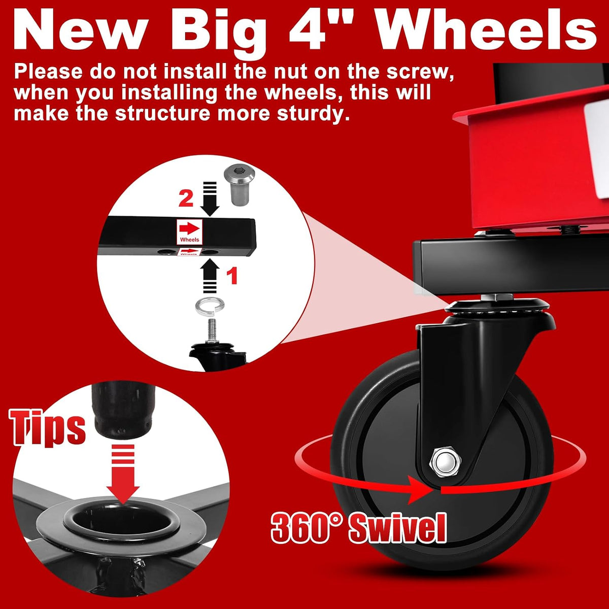 Rolling Shop Stool with Wheels, Adjustable Garage Mechanic Stool Seat Shop Roller Work Chair Mobile Rolling Seat with Tool Tray, 2 Cup Holders, 4' Casters, 350 LBS, Heavy-Duty, Red