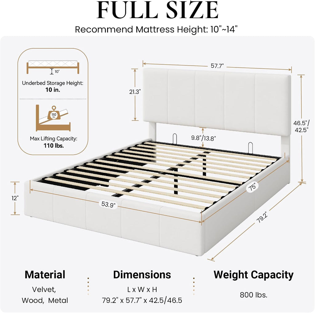 SHA CERLIN Full Size Lift Up Storage Bed Frame, Adjustable Headboard, Hydraulic Support, Velvet Upholstered, Easy Installation, No Box Spring Needed, White