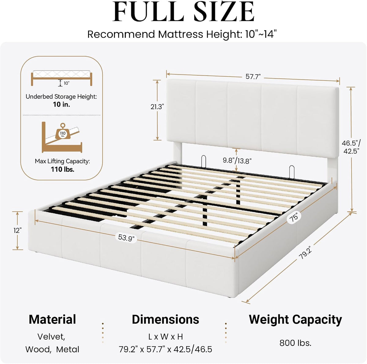 SHA CERLIN Full Size Lift Up Storage Bed Frame, Adjustable Headboard, Hydraulic Support, Velvet Upholstered, Easy Installation, No Box Spring Needed, White